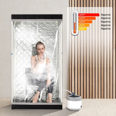Vista completa Sauna de vapor portátil de tela impermeable negra con capacidad de 4L de agua