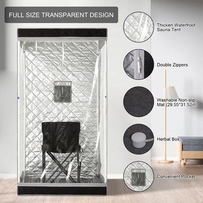 Vista completa Sauna de vapor portátil de tela impermeable negra con capacidad de 4L de agua