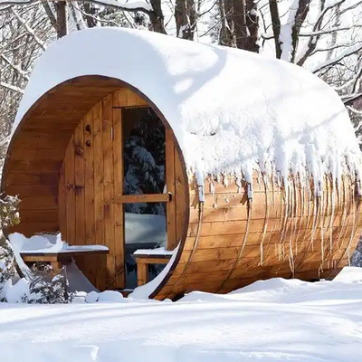 Sauna exterior de madera de cedro rojo canadiense Sauna de barril de vapor con estufa de madera