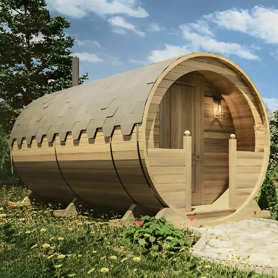 Vista panorámica Madera maciza Barril de vapor al aire libre Sauna se calienta rápidamente