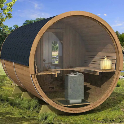 Vista panorámica Madera maciza Barril de vapor al aire libre Sauna se calienta rápidamente