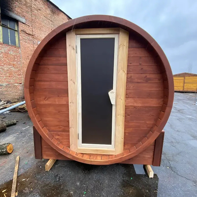 Jardín de madera maciza vista panorámica barril Sauna al aire libre con estufa de leña
