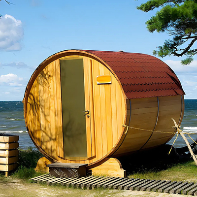 Jardín de madera maciza vista panorámica barril Sauna al aire libre con estufa de leña