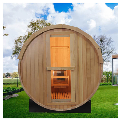 Sauna de barril al aire libre con ventana panorámica
