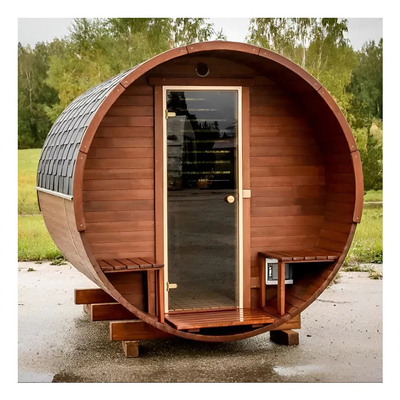 Sauna de barril de vapor de madera exterior de cedro rojo canadiense con calefacción de estufa