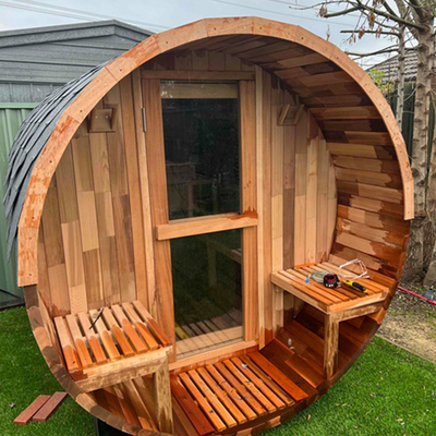 Sauna de barril de madera maciza en el exterior Hemlock madera de cedro húmeda vapor sala de sauna tradicional