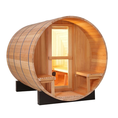 Sauna de madera de barril de cedro rojo canadiense con calefacción de estufa de control interno de 4.5KW