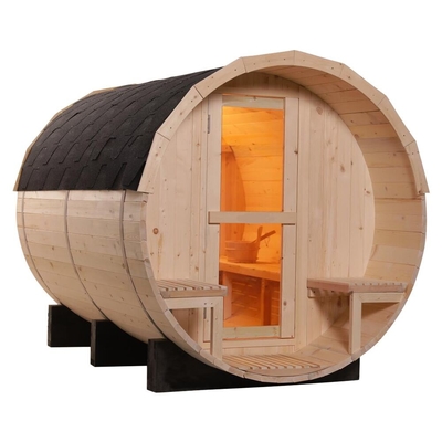 Sauna de barril para 6 personas con estufa de 6 kW, calefacción de estufa, puerta de vidrio templada de 8 mm, color de madera, 15-99 MIN Timer