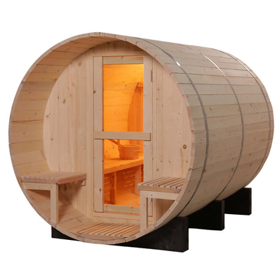 Sauna de barril para 6 personas con estufa de 6 kW, calefacción de estufa, puerta de vidrio templada de 8 mm, color de madera, 15-99 MIN Timer