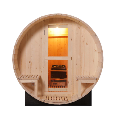 Sauna de barril para 6 personas con estufa de 6 kW, calefacción de estufa, puerta de vidrio templada de 8 mm, color de madera, 15-99 MIN Timer