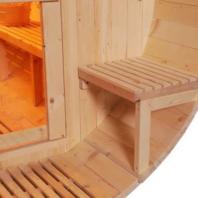 Sauna de barril para 6 personas con estufa de 6 kW, calefacción de estufa, puerta de vidrio templada de 8 mm, color de madera, 15-99 MIN Timer