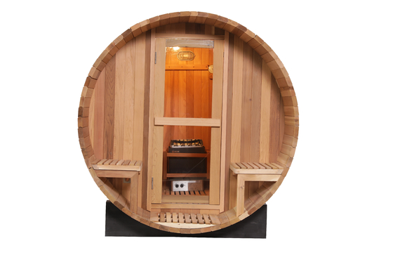 Sauna de barril de madera de cedro rojo canadiense Barril de sauna de madera con calefacción de 6KW Puerta de vidrio templada de 8 mm