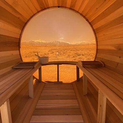 Ventilación ajustable Hemlock Madera Sauna seca al aire libre Puerta de vidrio completa Rango de temperatura 15-90.C